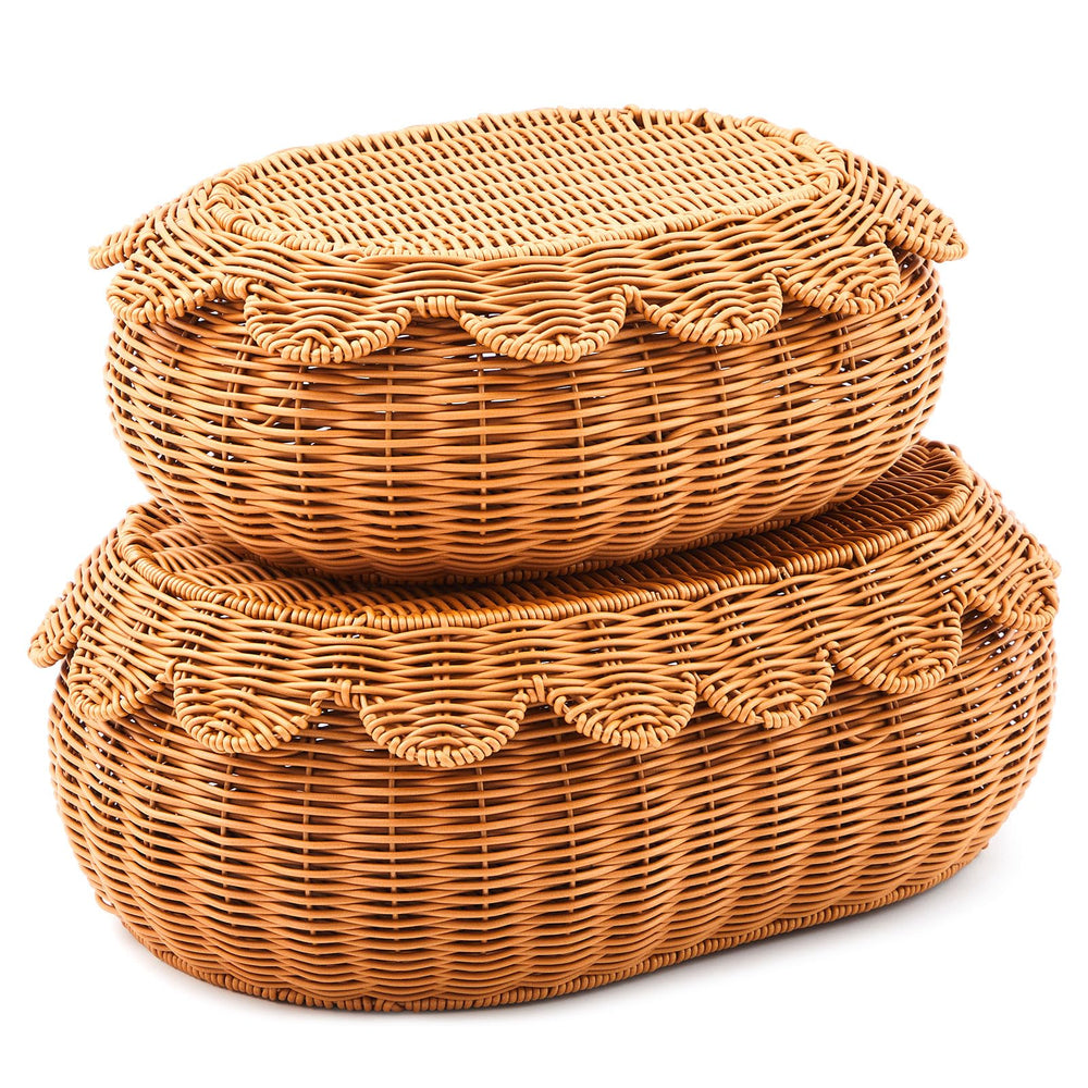 Juexica scalloped rattan basket with lid, front view, durable finish for nursery storage.