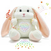 JUHOT baby sleep soother bunny front-view with plush cuddle and soft lighting for a gentle bedtime routine.