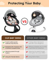 JUITOY baby swing Bluetooth music demonstrates soothing melodies on demand.