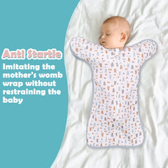 JULYFIRE transition swaddle with arm-out option and sleeve snaps aids growing babies.