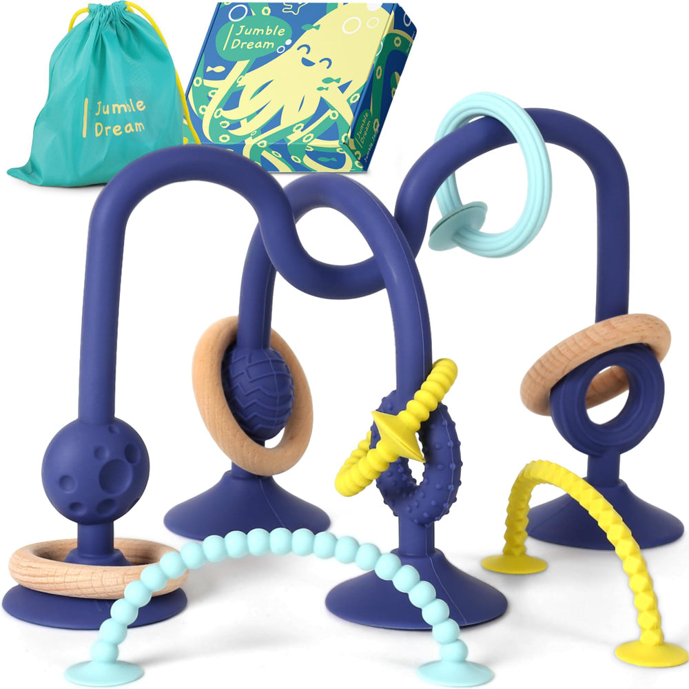 Jumble Dream Jumble Jangle toy suction demonstrates secure high chair attachment for mess-free meals