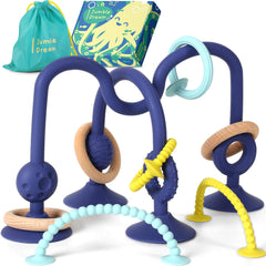 Jumble Dream Jumble Jangle toy suction demonstrates secure high chair attachment for mess-free meals