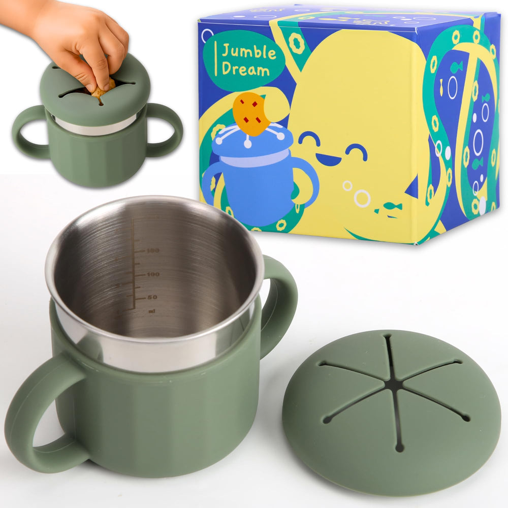 Jumble Dream snack cup spill-proof lid shown keeping snacks contained during playtime.