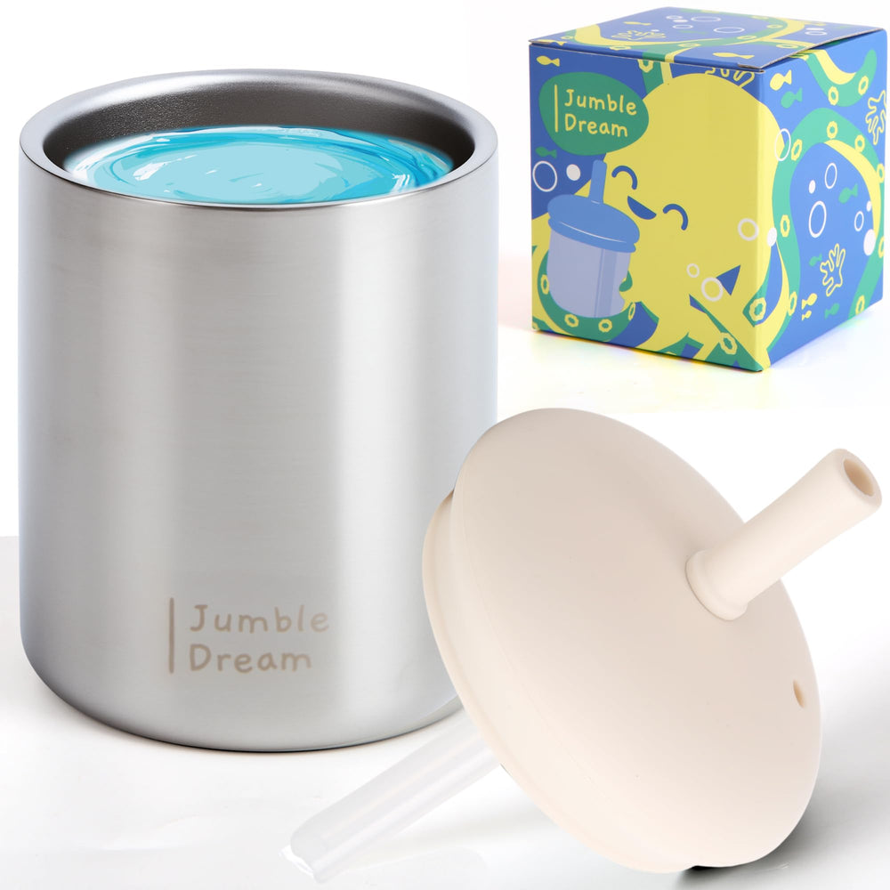 Jumble Dream toddler cup with double-wall insulation keeps drinks cool longer.