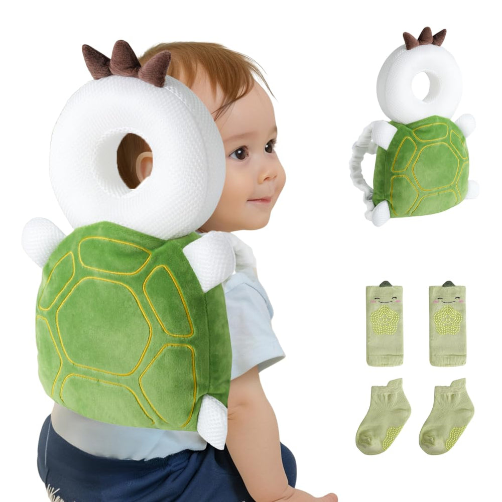 JumiLux baby head protector backpack in green turtle front view for safe early steps