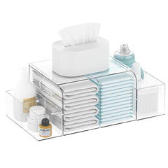 Jumyee Acrylic Diaper Caddy front view with six compartments for easy, organized diaper changes