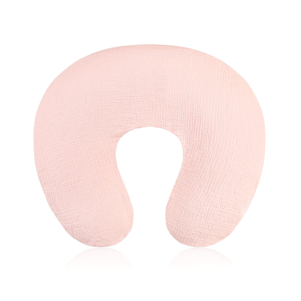 Jundetye baby nursing pillow cover pink front view shows soft muslin fabric for comfortable feeding