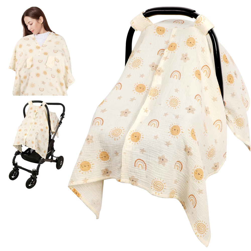 Jundetye car seat cover with cute pattern keeps baby cool during sunny trips.