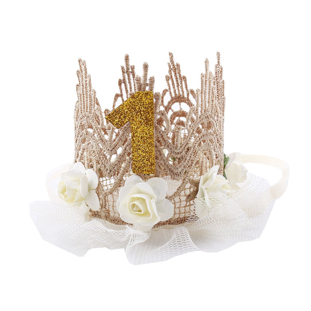 June Bloomy baby crown with lace and roses—ideal for first birthday photos and princess-inspired moments.
