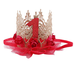 June Bloomy baby red golden lace rose crown, ideal for first birthday photos.