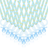 Junkin baby shower pacifier necklace in blue and gold, 60-piece set for party favors.
