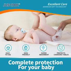 JUS COOl changing pad in-use image shows safe, comfortable diaper changes.