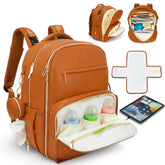 JustBaby Luv leather diaper bag backpack front view shows stylish organization on the go