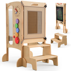 JUZBOT toddler tower folded and stowed for space-saving storage.