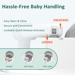 JWPEHOE bath seat armrests lock securely for squirmy babies.