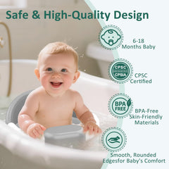 JWPEHOE bath seat shows locking suction cup for secure attachment.