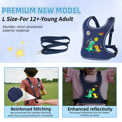 JXM safety walking harness adjustable-tether demonstrates growing independence during outings.