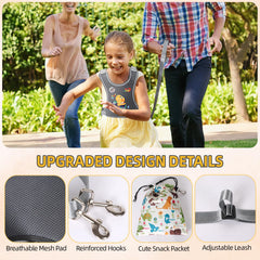 JXM harness adjustable shoulder straps demonstrate Grow-With-Me sizing for growing kids.