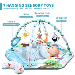 Jyusmile Baby Gym Play Mat hanging animals stimulate visual and tactile exploration.