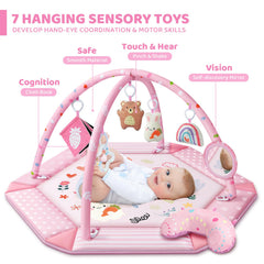 Jyusmile Baby Gym Pink Tummy Time Moon image highlights extended tummy-time boosts and head control practice.