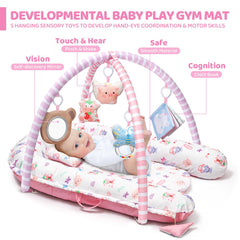 Jyusmile pink play mat shows five removable toys for grasp and reach practice.