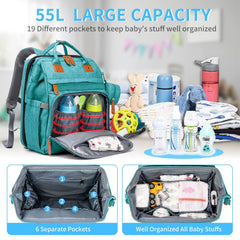 KABAQOO lake blue diaper bag with insulated bottle pockets for on-the-go feeding.