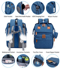 Detachable changing station on KABAQOO blue backpack offers on-the-go diaper changes.