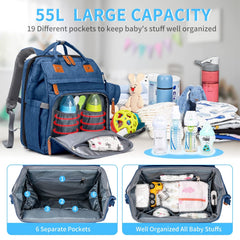 KABAQOO diaper bag backpack blue side pocket keeps insulated bottle storage handy.