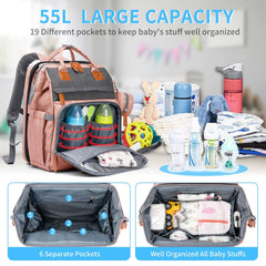 KABAQOO large-capacity diaper bag highlights 19 pockets for organized essentials.