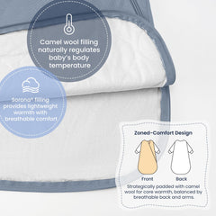 Kaiya Baby sleeping bag temperature sticker closeup shows chest temperature for comfort.