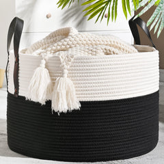 KAKAMAY large blanket basket folded shows soft cotton rope texture for safe kid-friendly storage.
