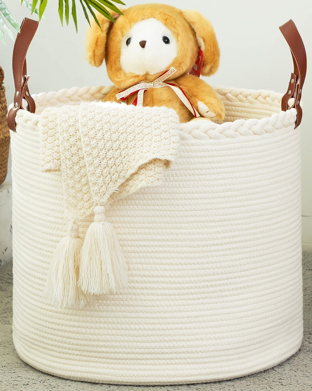 KAKAMAY large blanket basket front view shows durable cotton rope and versatile storage
