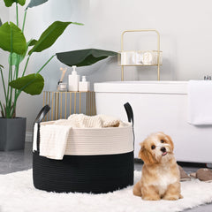 KAKAMAY large blanket basket in living room highlights versatile storage and décor harmony.