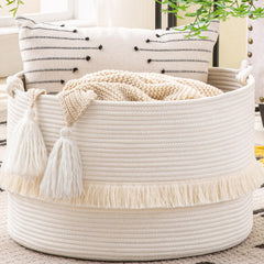 KAKAMAY large blanket basket white front view showing spacious storage for blankets and pillows