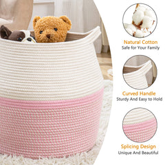KAKAMAY large cotton rope laundry hamper pink, ideal for laundry day.