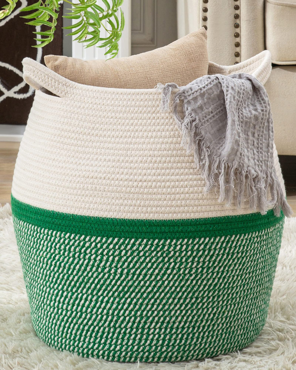 KAKAMAY woven storage basket 17x17 in green, front view for blankets and toys.