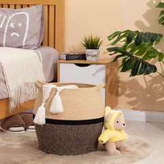 KAKAMAY woven basket used as toy chest to keep plush toys organized.