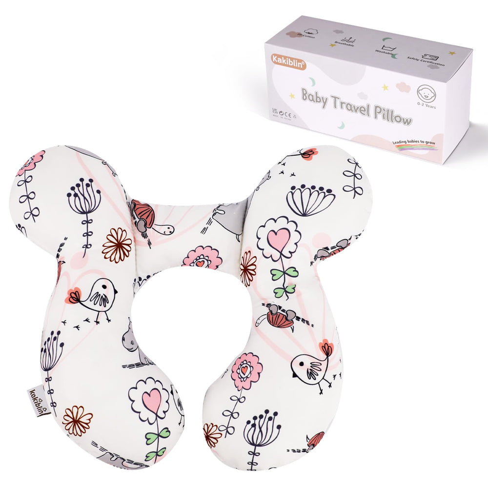 KAKIBLIN neck pillow hippo front view supports baby's head and neck during car rides.