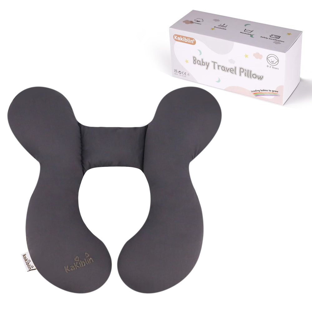 KAKIBLIN Baby Travel Pillow closeup of soft gray fabric for gentle baby comfort.