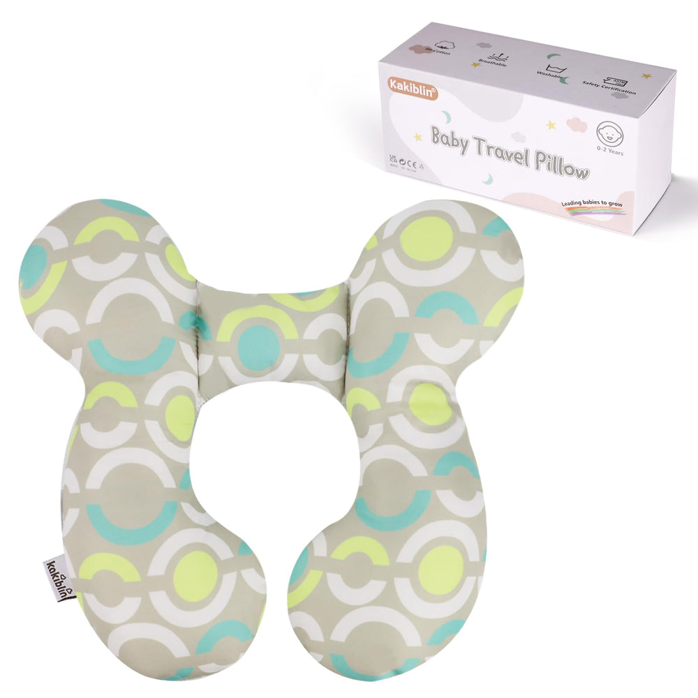 KAKIBLIN baby travel pillow with U-shaped design providing stable head support on the go