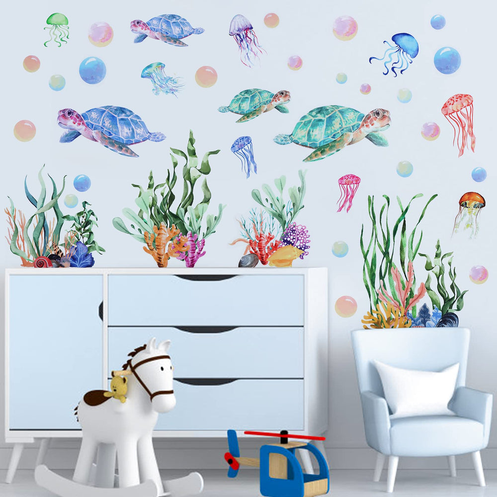 Kalolary 3D under-the-sea wall decal sea turtle brightens a child's room with imaginative decor.
