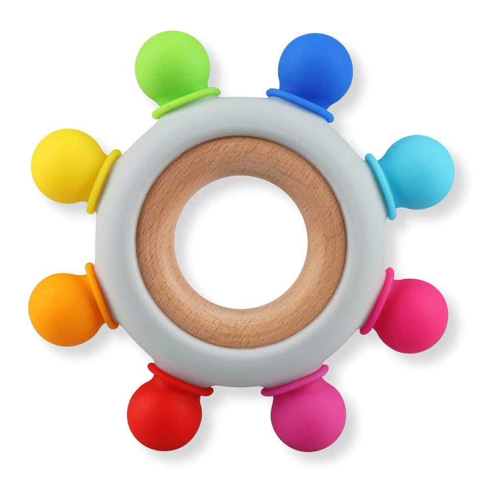 Kalovin baby teething toy rainbow ring: colorful and easy-to-grip to soothe teething babies.