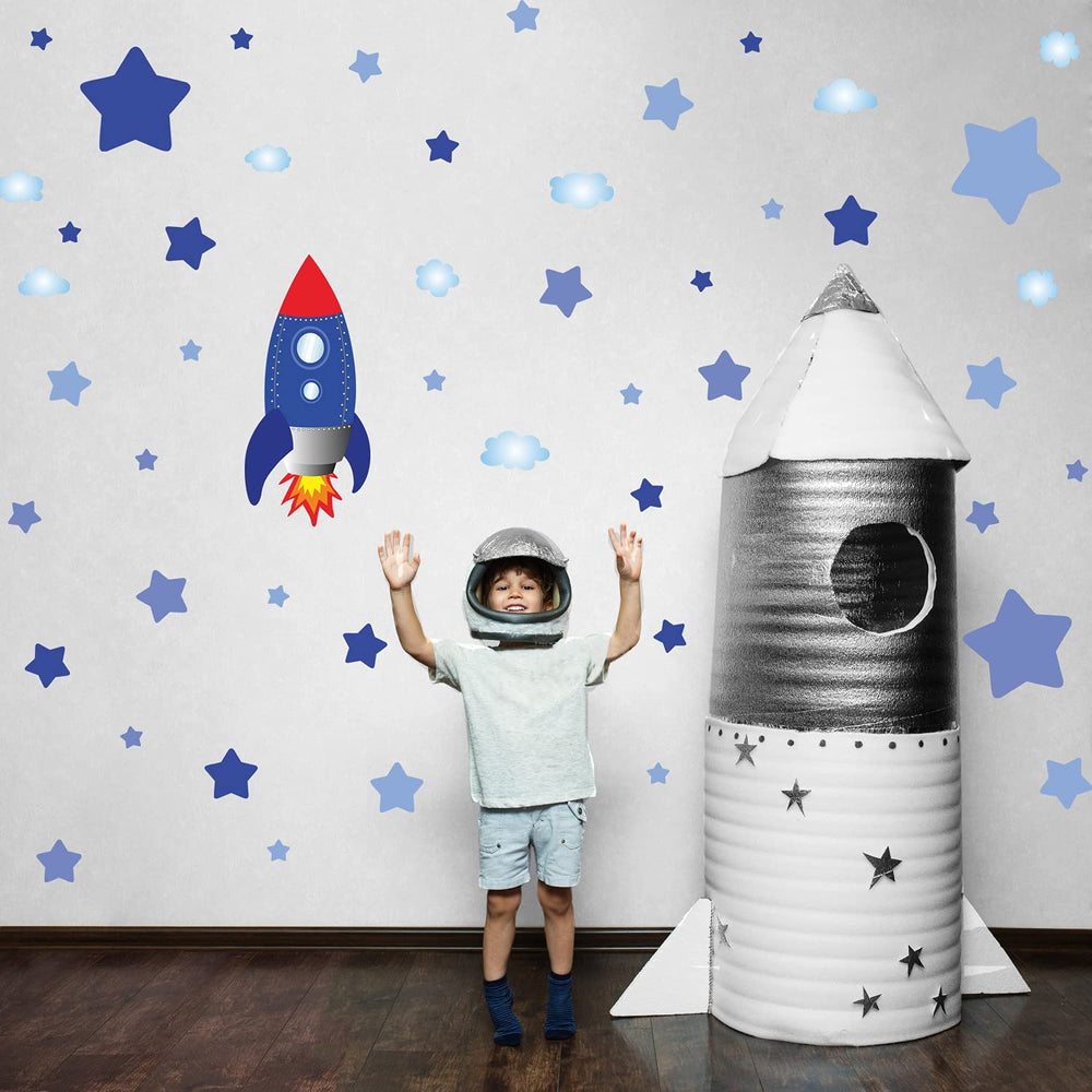Kasubeso large rocket and star wall decals brighten kids' rooms with an inspiring space theme.