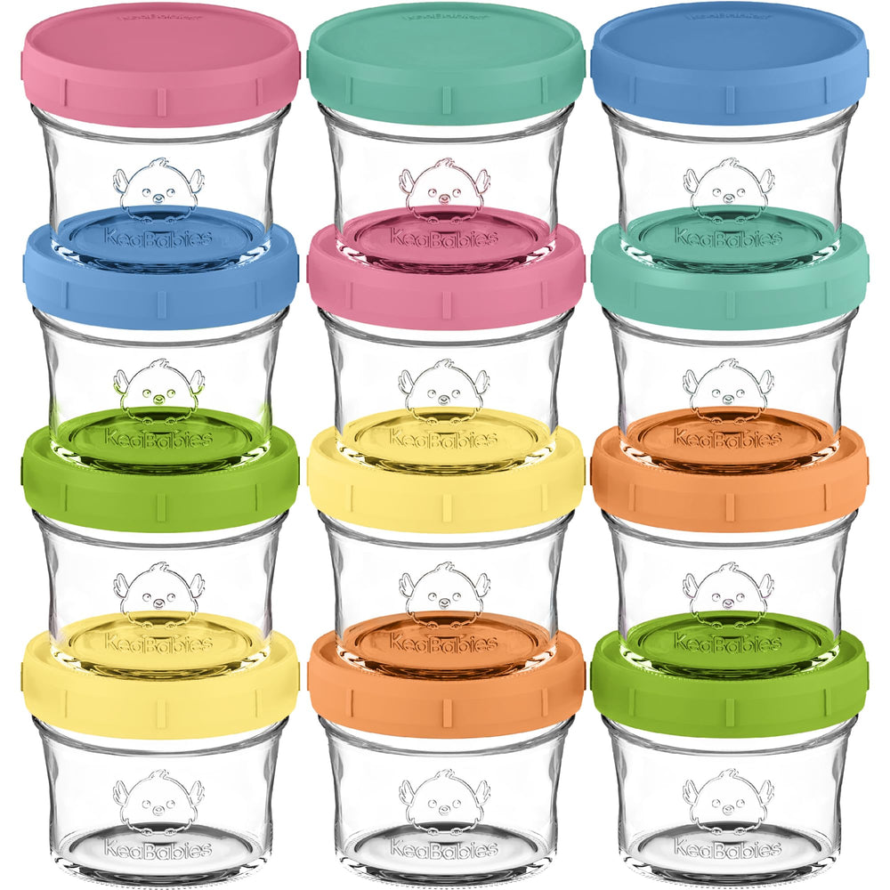 KeaBabies 12-pack glass baby-food containers for safe storage of homemade purees.