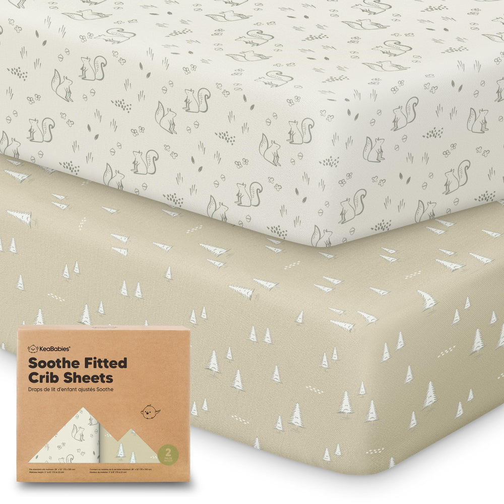 Keababies 2-pack Pine Grove print crib sheet close-up, soft touch for baby's naps