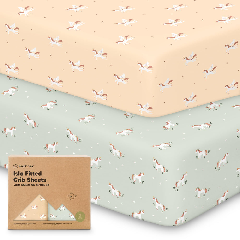 KeaBabies 2-Pack bamboo crib sheets flatlay showing soft breathable fabric for baby comfort