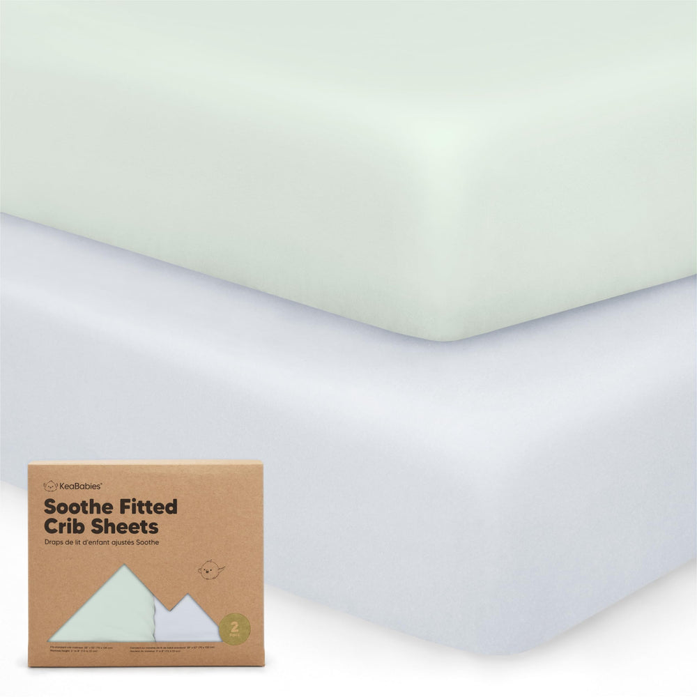 KeaBabies 2-pack crib sheets pack view with neutral Cove prints for nursery styling.