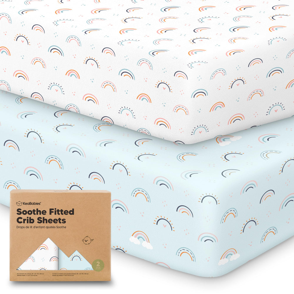 KeaBabies 2-pack crib sheets packaging demonstrates quick-fit setup for standard cribs