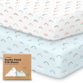 KeaBabies 2-pack crib sheets packaging demonstrates quick-fit setup for standard cribs
