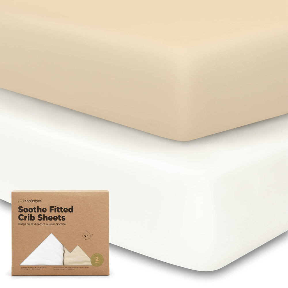 KeaBabies 2-pack crib sheets pack-shot in neutral khaki for versatile nursery use.